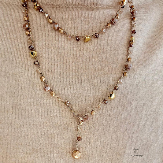 Collana crochet dorata Cuore di Champagne con cristalli e piccoli cuori oro.